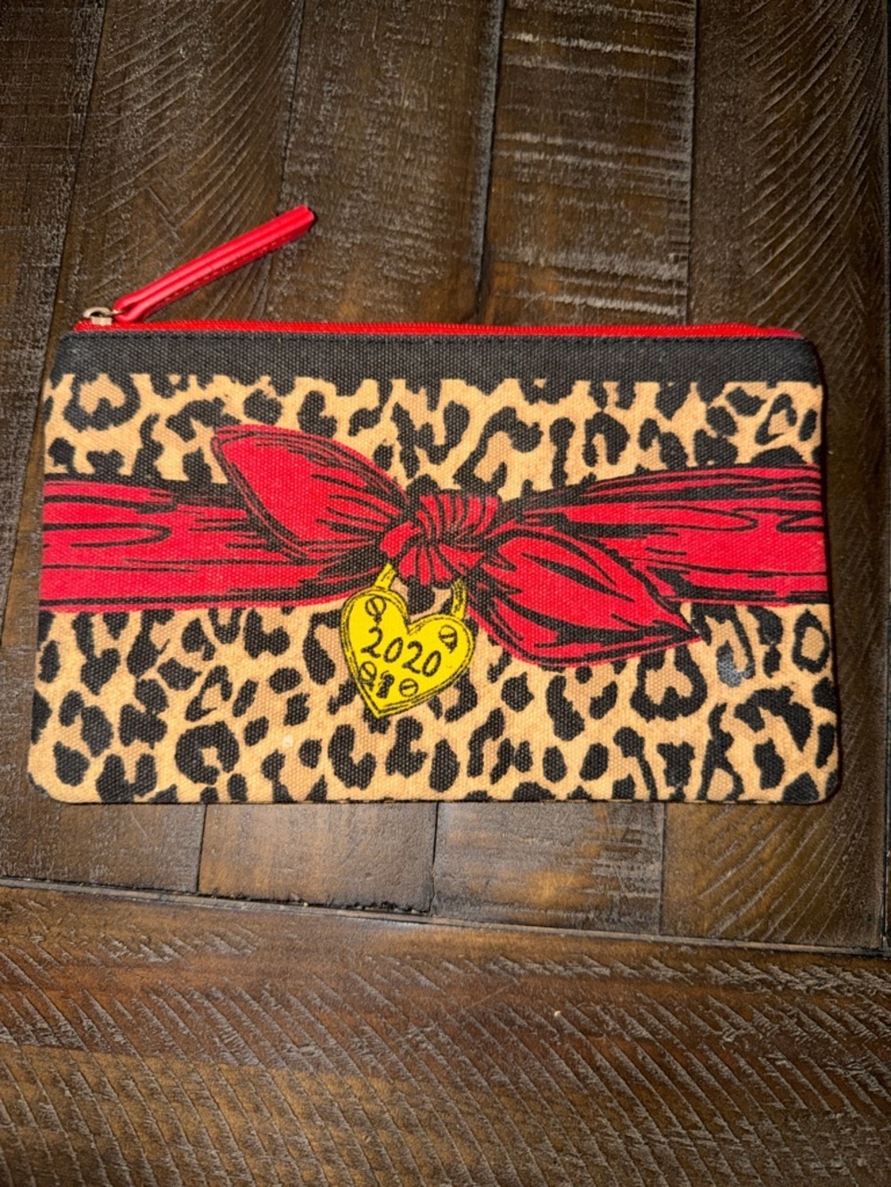 Brighton Leopard Print Cosmetic Pouch with Red Bow and Yellow Heart Charm